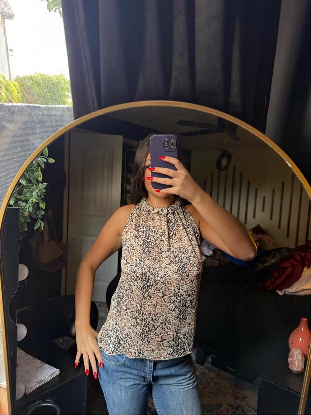 Sleeveless Leopard-Print Halter Blouse in Neutral Tones